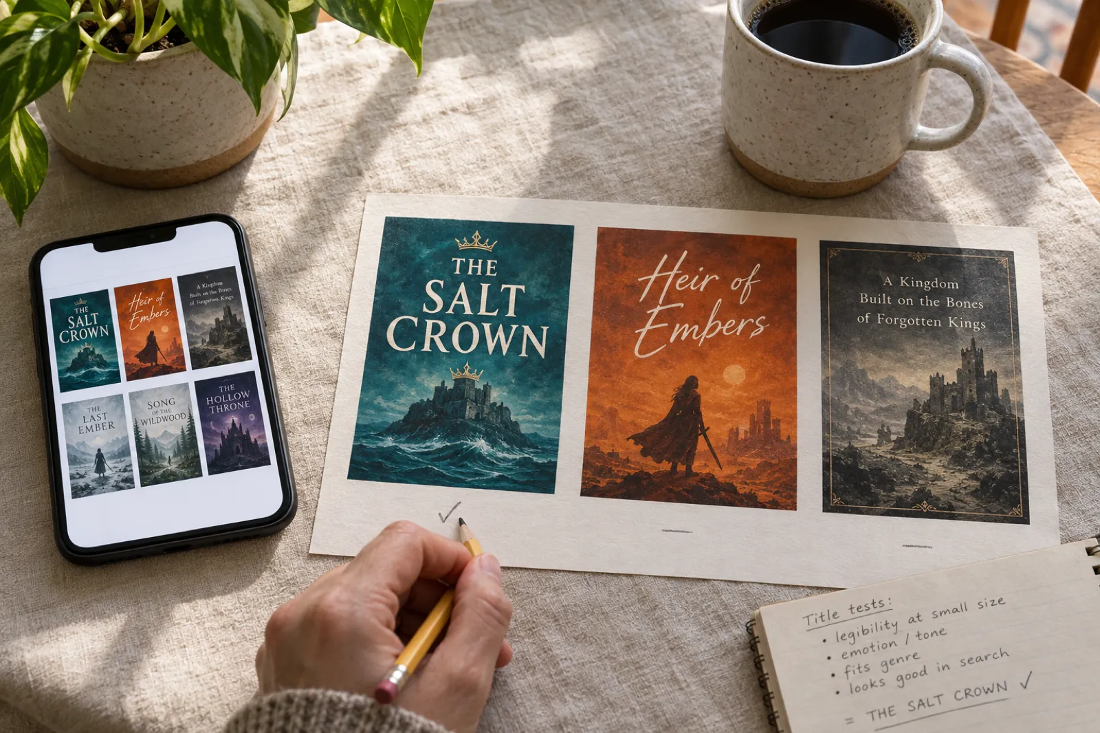 A thumbnail test for book titles: a phone showing six small book covers in a search grid where The Salt Crown is still readable, beside three printed mock covers for The Salt Crown, Heir of Embers and a long title, A Kingdom Built on the Bones of Forgotten Kings, with a pencil tick under the first and a notebook listing title tests.