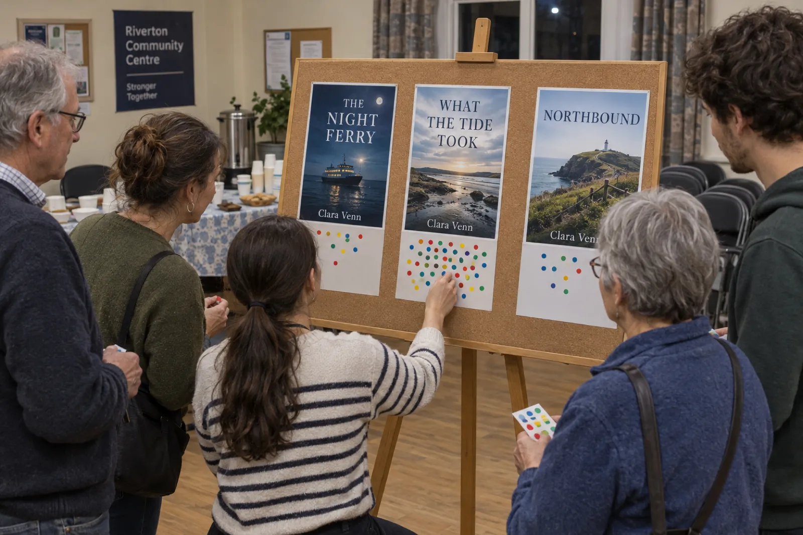 In a community centre meeting room, members of a writers group stick coloured dot stickers under three mock-up covers for the same novel by Clara Venn, titled The Night Ferry, What the Tide Took and Northbound; What the Tide Took has the most dots, with a tea urn and paper cups in the background