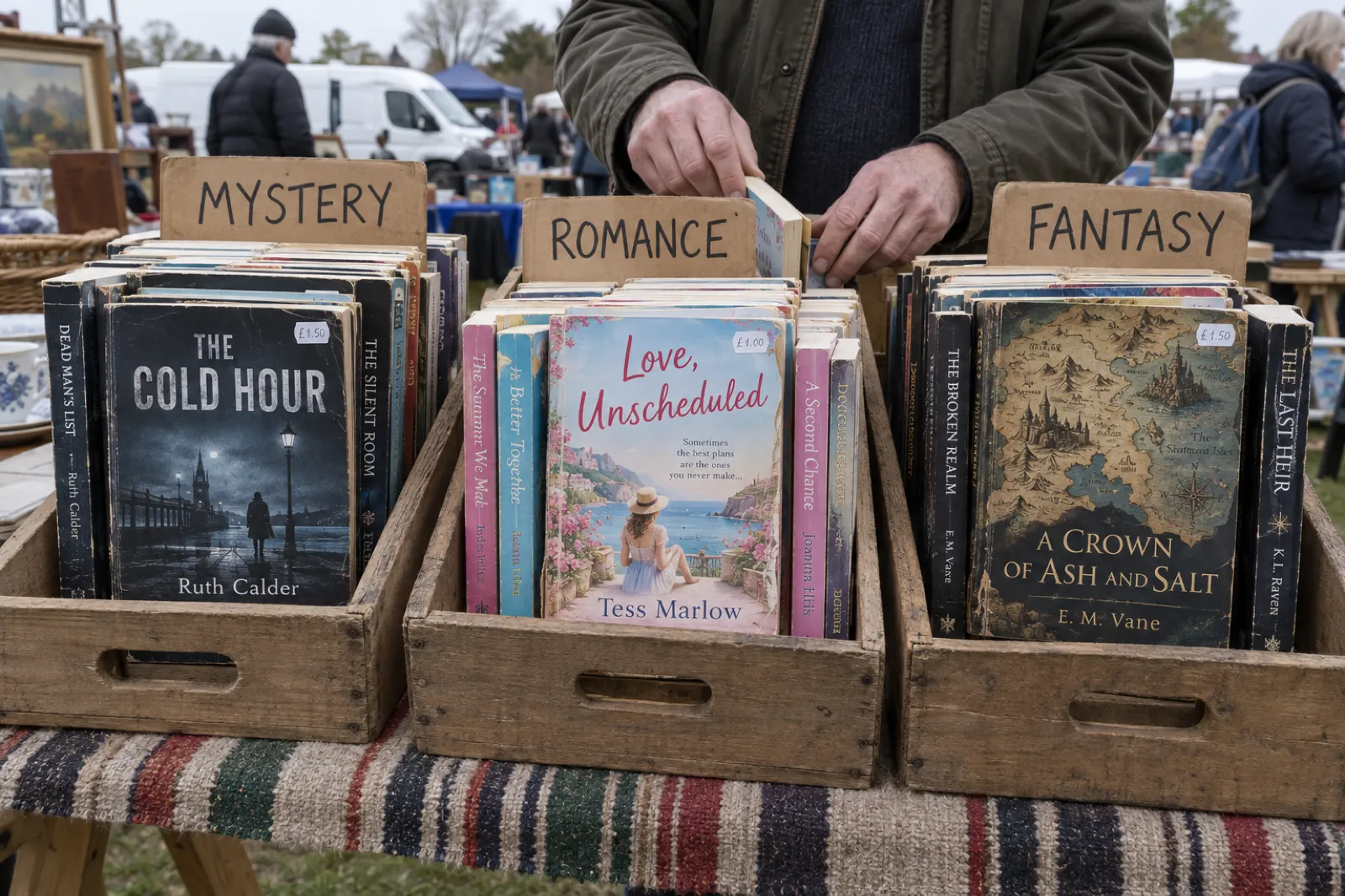 Three wooden crates of secondhand paperbacks at an outdoor flea market with handwritten cardboard dividers reading Mystery, Romance and Fantasy; the covers in front read The Cold Hour by Ruth Calder, Love, Unscheduled by Tess Marlow and A Crown of Ash and Salt by E. M. Vane, and a man's hands flick through the romance crate