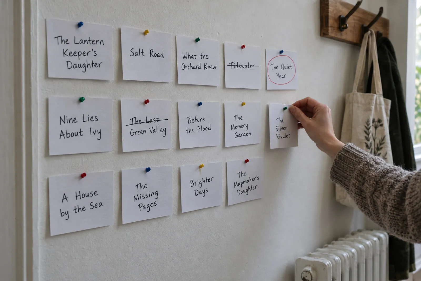 Fourteen index cards pinned to a white hallway wall, each with a handwritten book title such as The Lantern Keeper's Daughter, Salt Road, What the Orchard Knew and Nine Lies About Ivy; Tidewater and The Last Green Valley are crossed out, The Quiet Year is circled in red, and a hand in a knitted sleeve pins up one more card