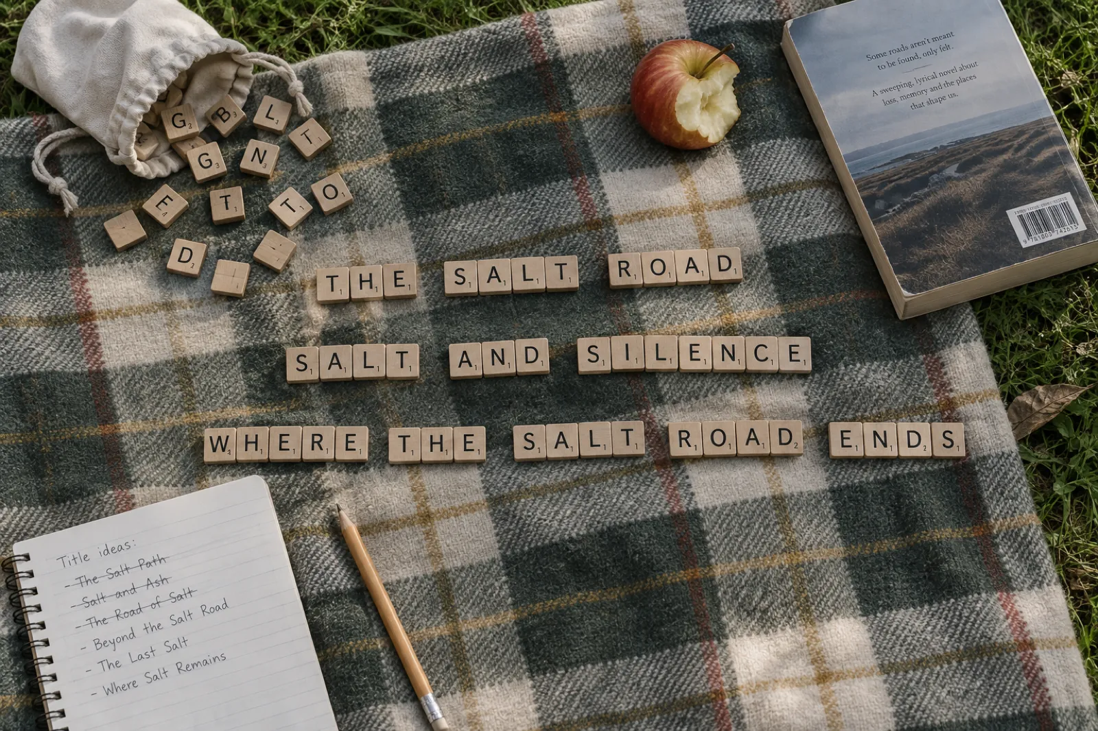 Wooden letter tiles on a green checked picnic blanket spelling three versions of one title: The Salt Road, Salt and Silence, and Where the Salt Road Ends, with a cloth bag of spare tiles, a half-eaten apple, a paperback face down, a pencil and a notebook listing crossed-out attempts such as The Salt Path and Salt and Ash