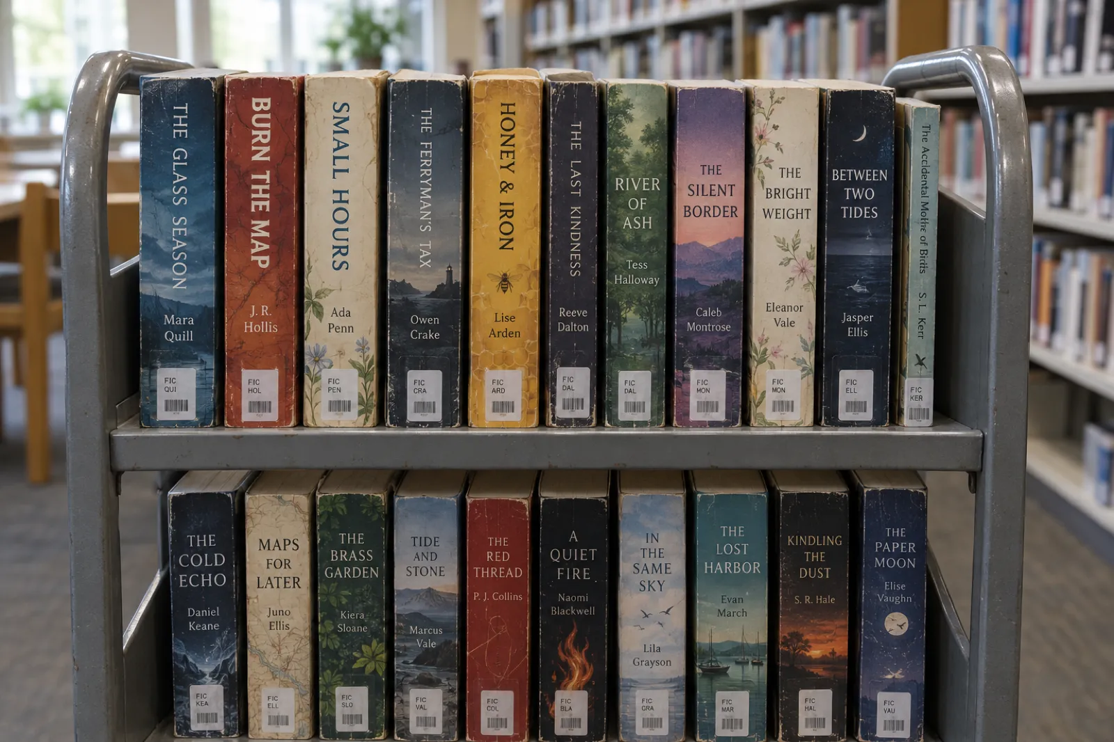 A grey library returns trolley with two rows of paperbacks shelved spine out; short titles in large letters such as Burn the Map, Small Hours, Honey and Iron and The Cold Echo are easy to read, while one long title printed sideways in small type is hard to make out