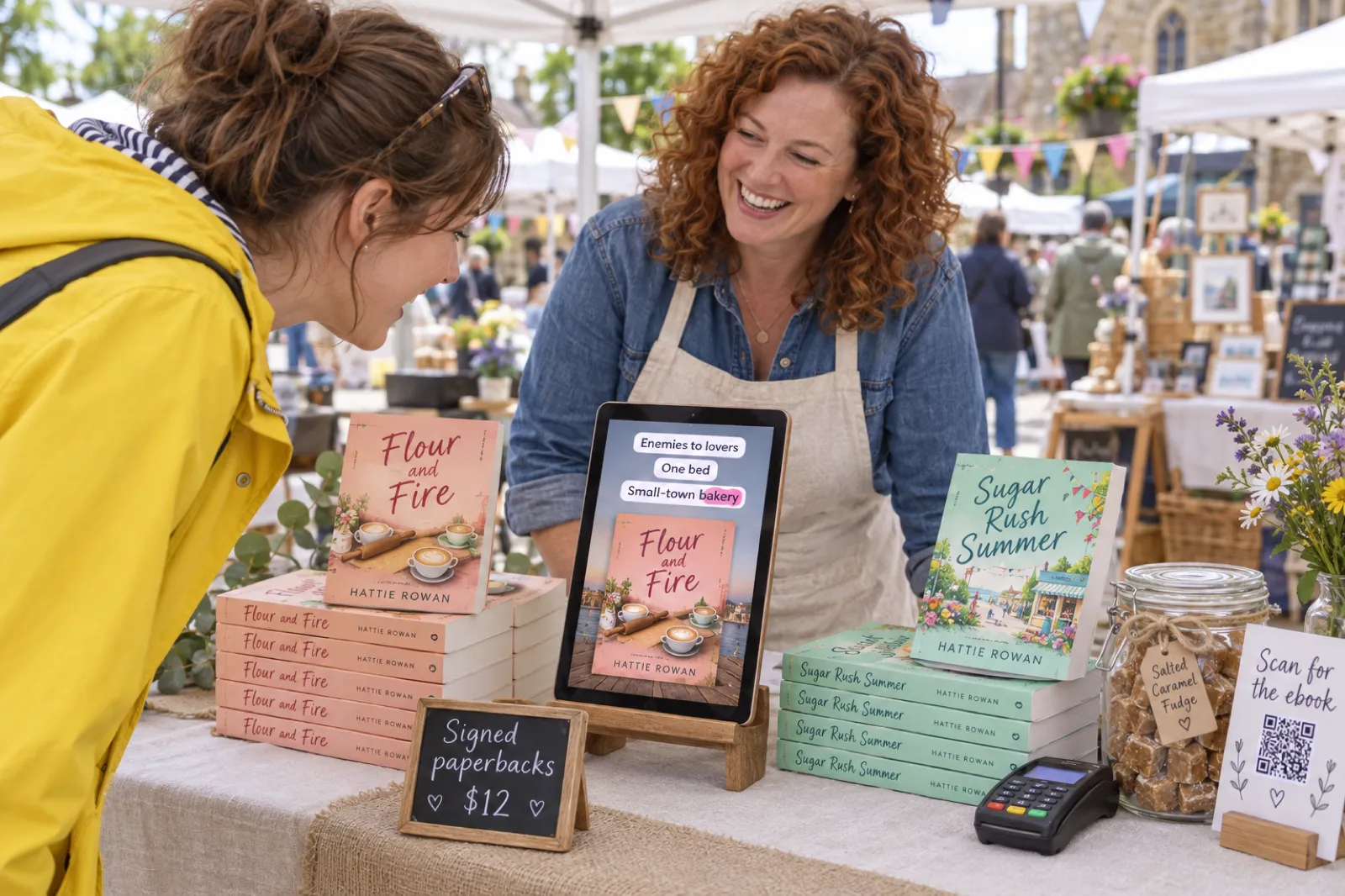 At a weekend book fair under a white canopy, a romance author with curly auburn hair laughs as a woman in a yellow raincoat leans in to watch a tablet on a wooden stand playing a vertical trailer for Flour and Fire by Hattie Rowan, with three caption bubbles reading Enemies to lovers, One bed, Small-town bakery; stacks of the paperback, a second title Sugar Rush Summer, a chalkboard reading Signed paperbacks $12 and a card reader fill the table.