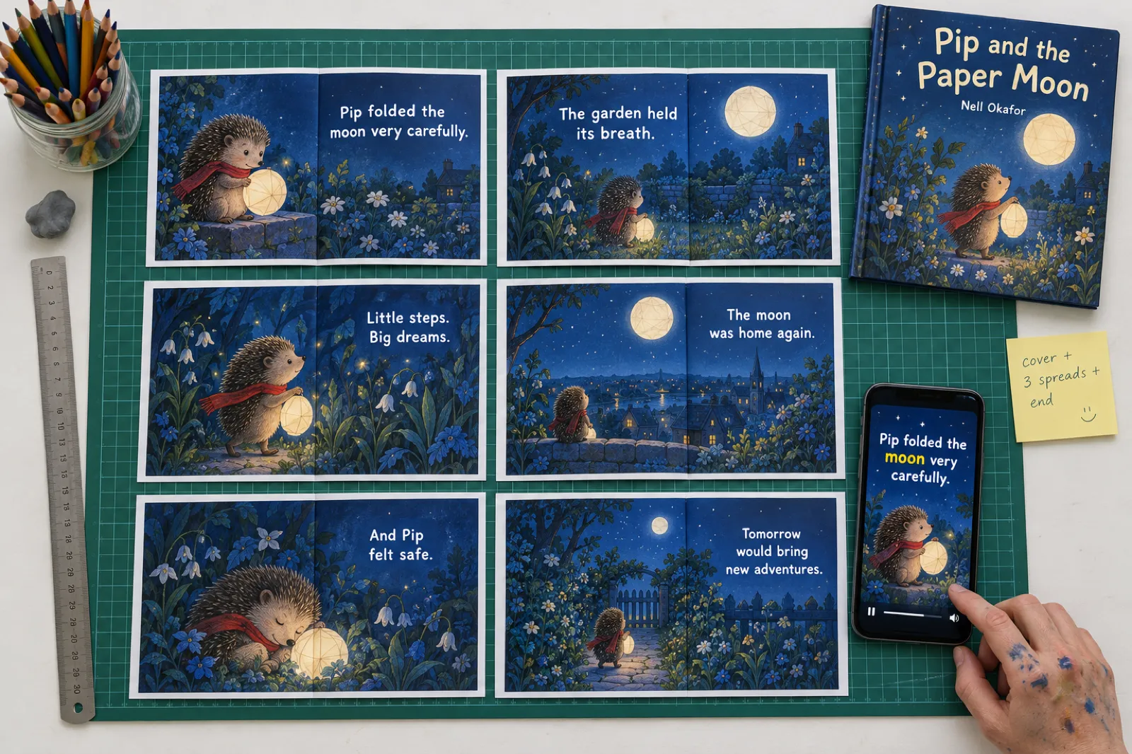 Overhead on a green cutting mat, six printed spreads of the picture book Pip and the Paper Moon by Nell Okafor, a hedgehog in a red scarf carrying a paper lantern through a night garden, with lines such as Pip folded the moon very carefully and The garden held its breath; a phone at the edge plays the same spread as a vertical video with the word moon highlighted, beside the finished hardback, a jar of pencils, a ruler and a sticky note reading cover + 3 spreads + end.