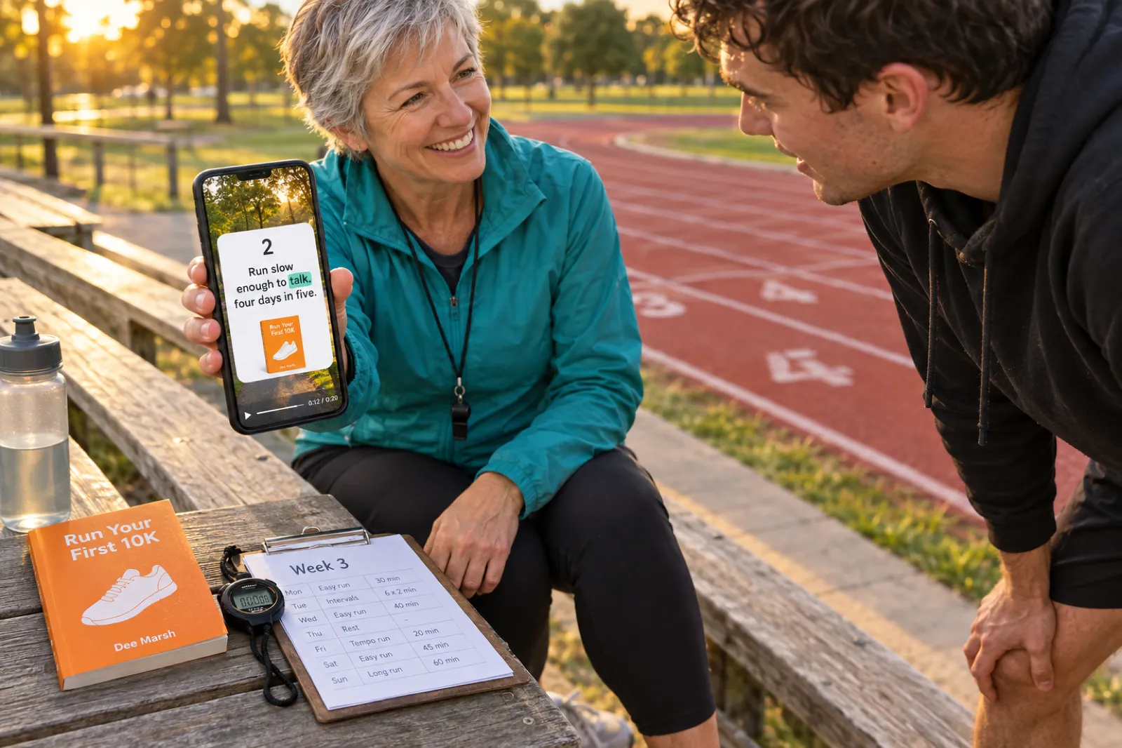On wooden bleachers beside a red running track in low evening sun, a running coach with short grey hair and a teal jacket shows a younger runner her phone, which plays a vertical video with a numbered card reading 2, Run slow enough to talk, four days in five, the word talk highlighted; beside her lie her orange paperback Run Your First 10K by Dee Marsh, a stopwatch, a water bottle and a clipboard headed Week 3.
