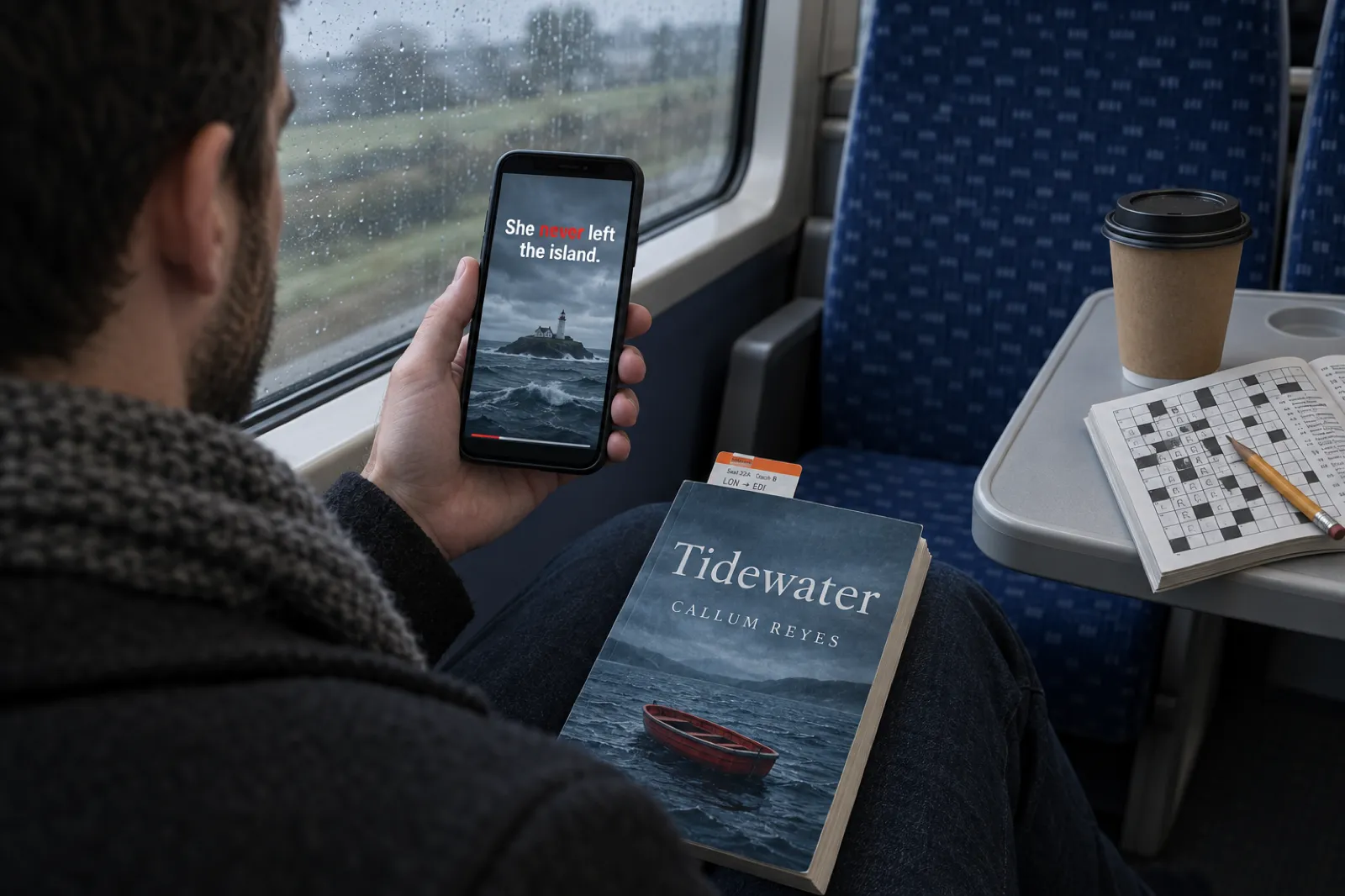 Over the shoulder of a man in a dark wool coat on a rainy commuter train, holding a phone that plays a vertical video of a stormy island lighthouse with the caption She never left the island, the word never in red; on his lap lies the paperback Tidewater by Callum Reyes, a slate-blue cover with a red rowing boat, a train ticket marking the page, and a crossword book and coffee cup sit on the table.