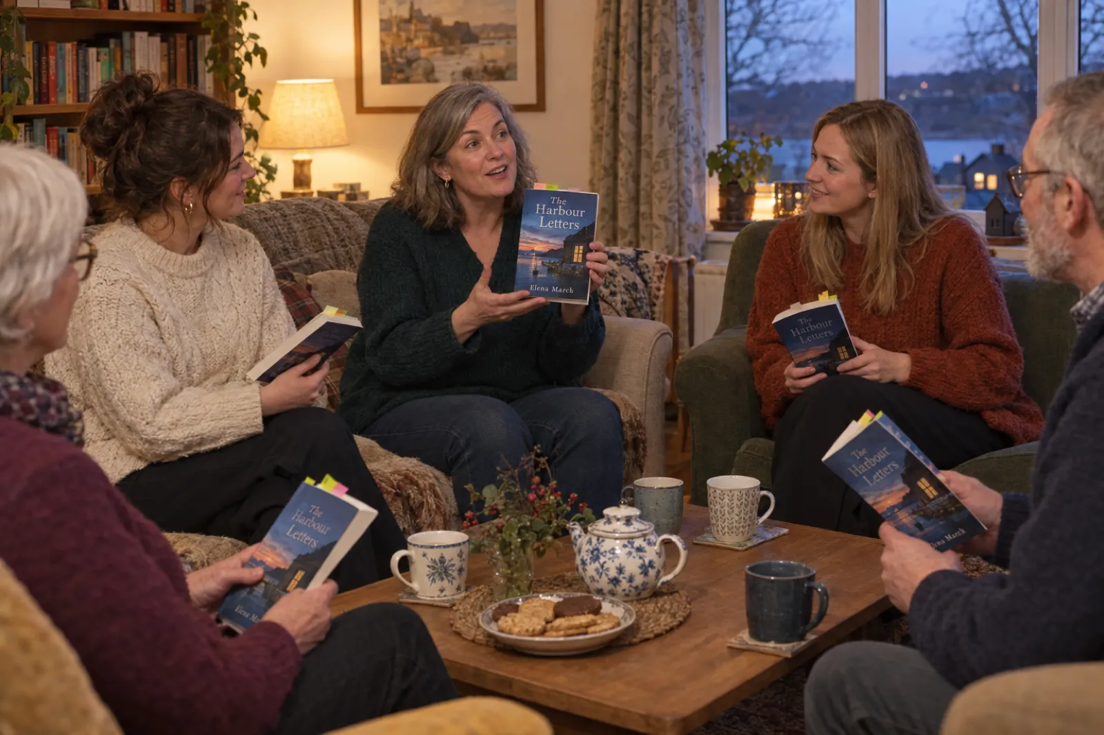 Five readers in a lamp-lit living room each hold the same paperback, The Harbour Letters by Elena March, while one woman holds her copy up and talks, with tea and sticky-note flags on the coffee table
