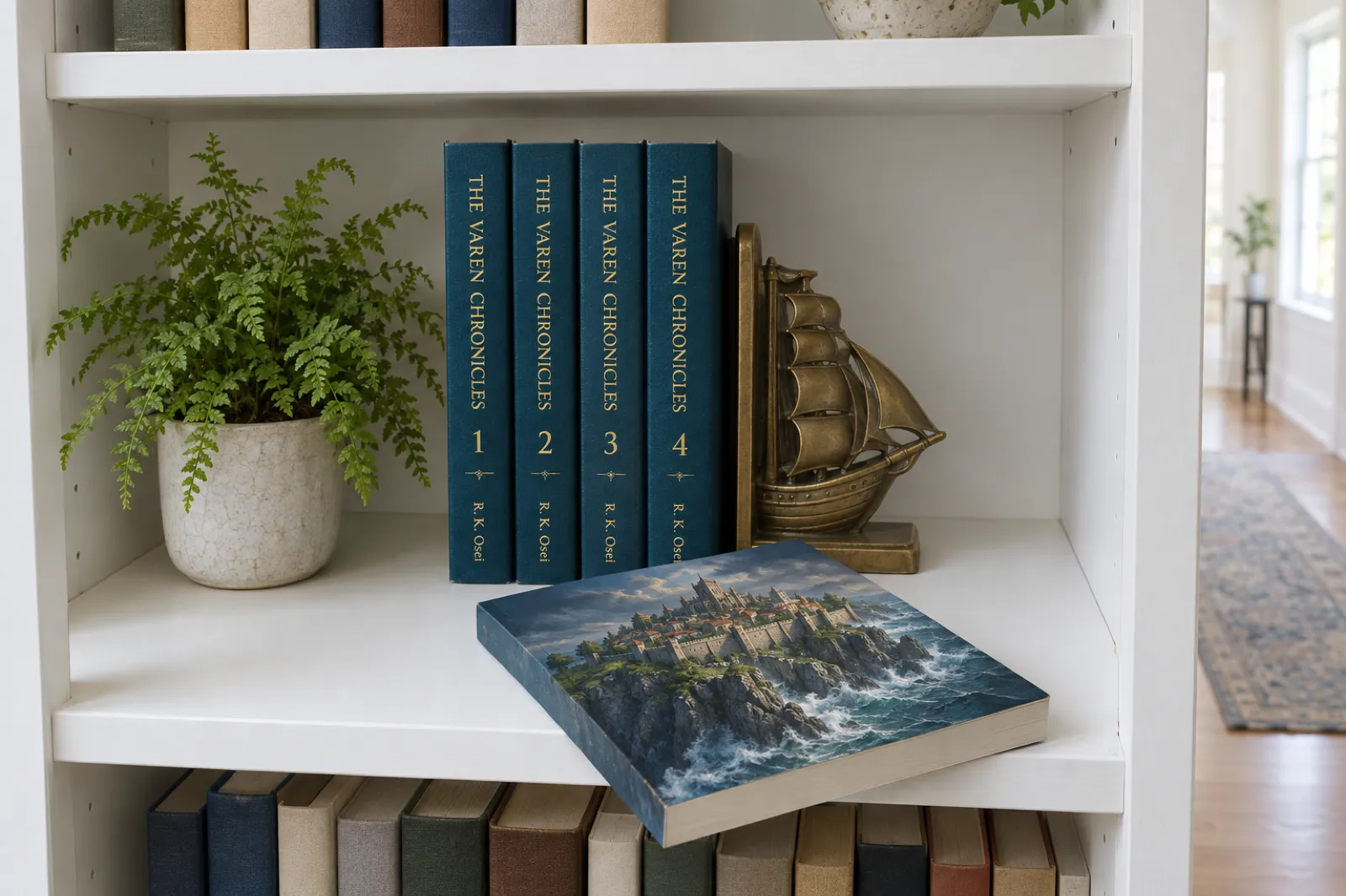 Four matching teal paperbacks with gold spines reading The Varen Chronicles 1 to 4 by R. K. Osei on a white hallway shelf, a fifth copy face up showing a walled city above a stormy sea, beside a fern and a ship bookend