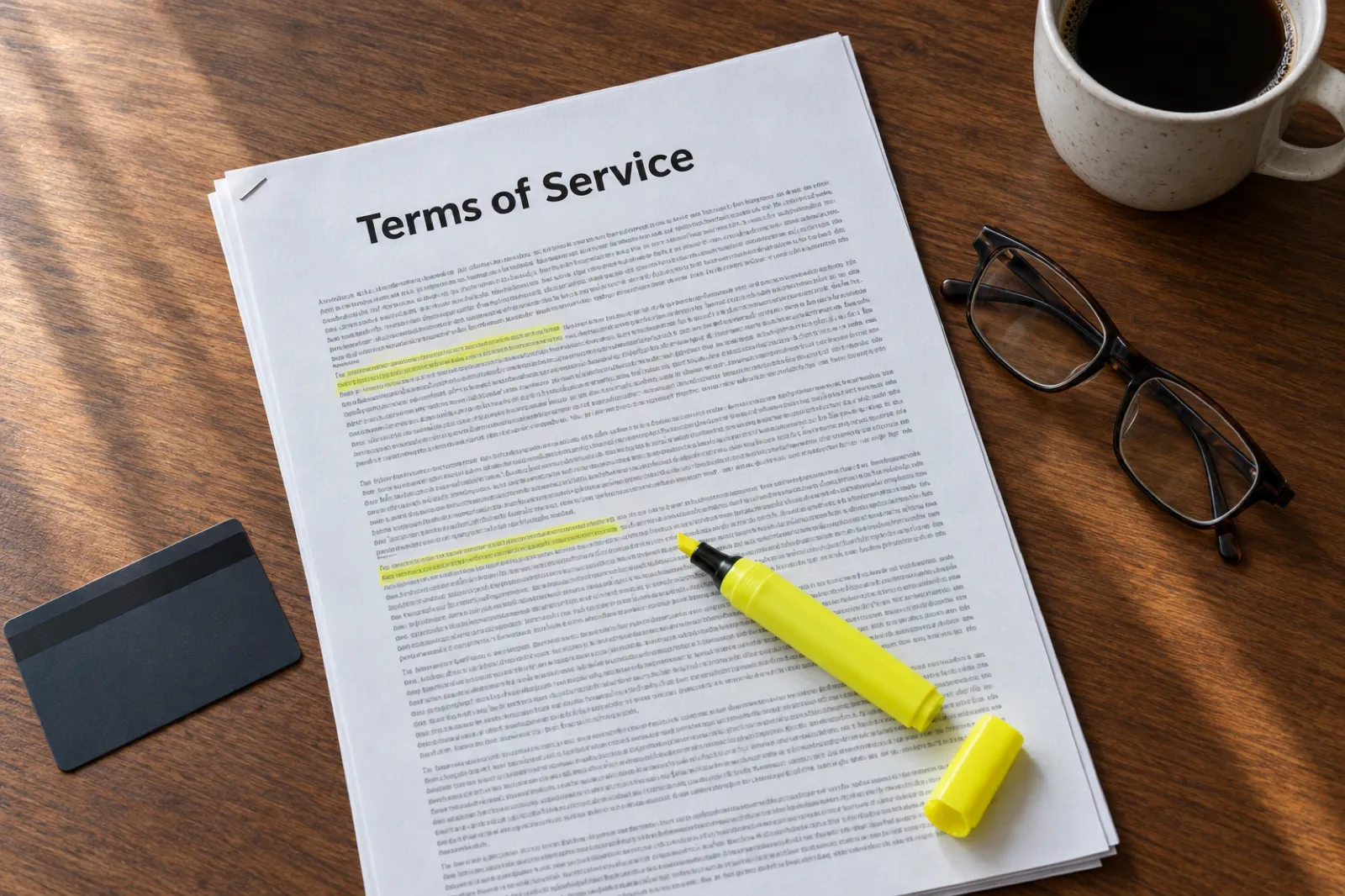 A printed, stapled Terms of Service document on a walnut desk with two passages highlighted in yellow, an uncapped highlighter, folded reading glasses, a card face down and a cup of black coffee