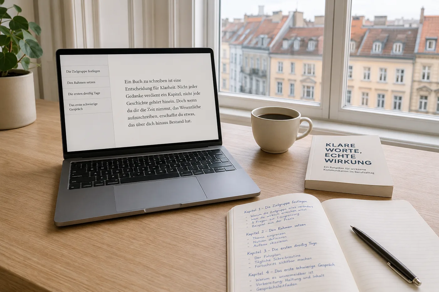 Heller Holzschreibtisch mit einem Laptop, auf dem eine deutschsprachige Schreib-App eine Kapitelgliederung zeigt: Die Zielgruppe festlegen, Den Rahmen setzen, Die ersten dreißig Tage, Das erste schwierige Gespräch. Daneben ein gebundener Ratgeber, eine Tasse Kaffee und ein aufgeschlagenes Notizbuch mit handschriftlicher Gliederung.