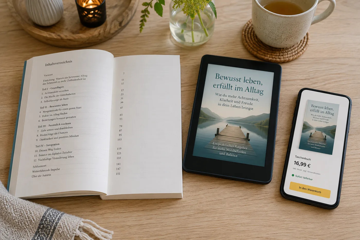 Ein deutschsprachiges Taschenbuch liegt aufgeschlagen beim Inhaltsverzeichnis auf einem Holztisch, daneben ein E-Reader mit dem Cover desselben Buches und ein Smartphone mit der Produktseite eines Buchshops.