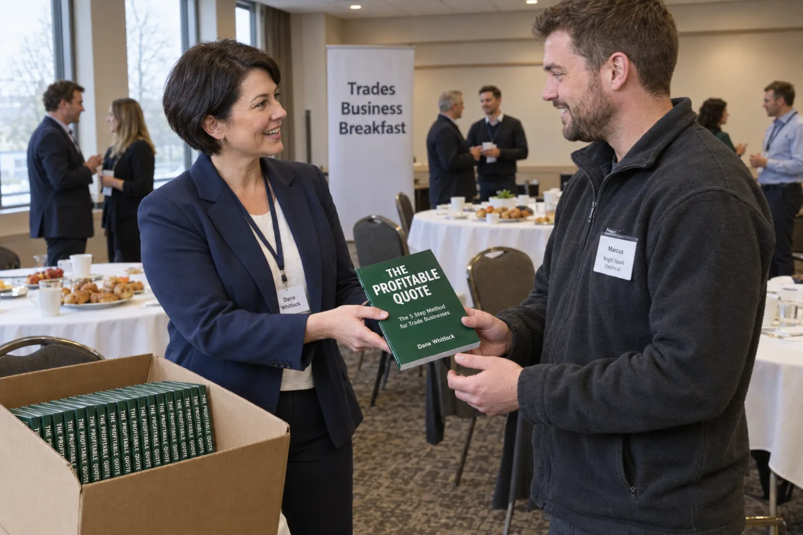 At a Trades Business Breakfast in a hotel function room, consultant Dana Whitlock hands a copy of The Profitable Quote to an electrician whose badge reads Marcus, Bright Spark Electrical, beside an open cardboard box of about twenty more copies on a chair