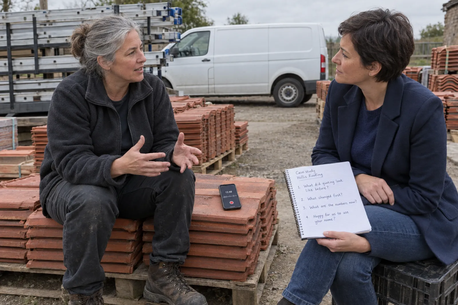 In a roofing company's yard among pallets of clay tiles and ladders, the firm's owner talks while a consultant listens with a notebook headed Case study, Hollis Roofing, listing four questions ending Happy for us to use your name, and a phone records on the tile stack at 12:48