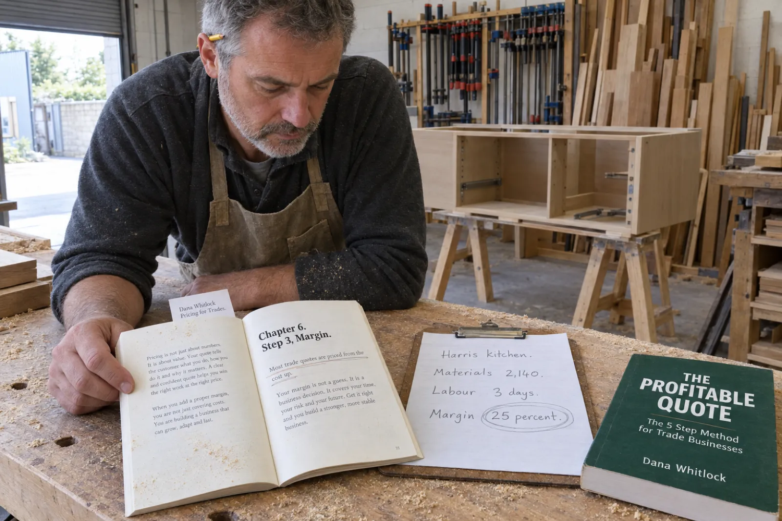 In a joinery workshop, the owner leans on a sawdusty workbench reading The Profitable Quote by Dana Whitlock, open at Chapter 6, Step 3, Margin, with her business card as a bookmark and a pencilled quote sheet for the Harris kitchen with the 25 percent margin circled