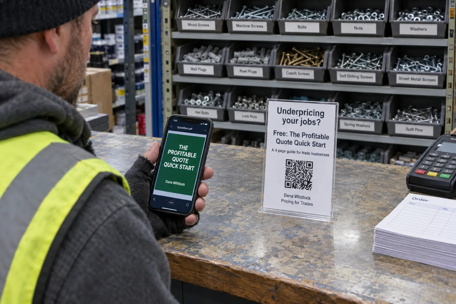 At a builders' merchant trade counter early in the morning, a roofer in a high visibility vest scans the QR code on a small acrylic stand reading Underpricing your jobs? Free: The Profitable Quote Quick Start, a 4 page guide for trade businesses, and his phone shows the green PDF cover