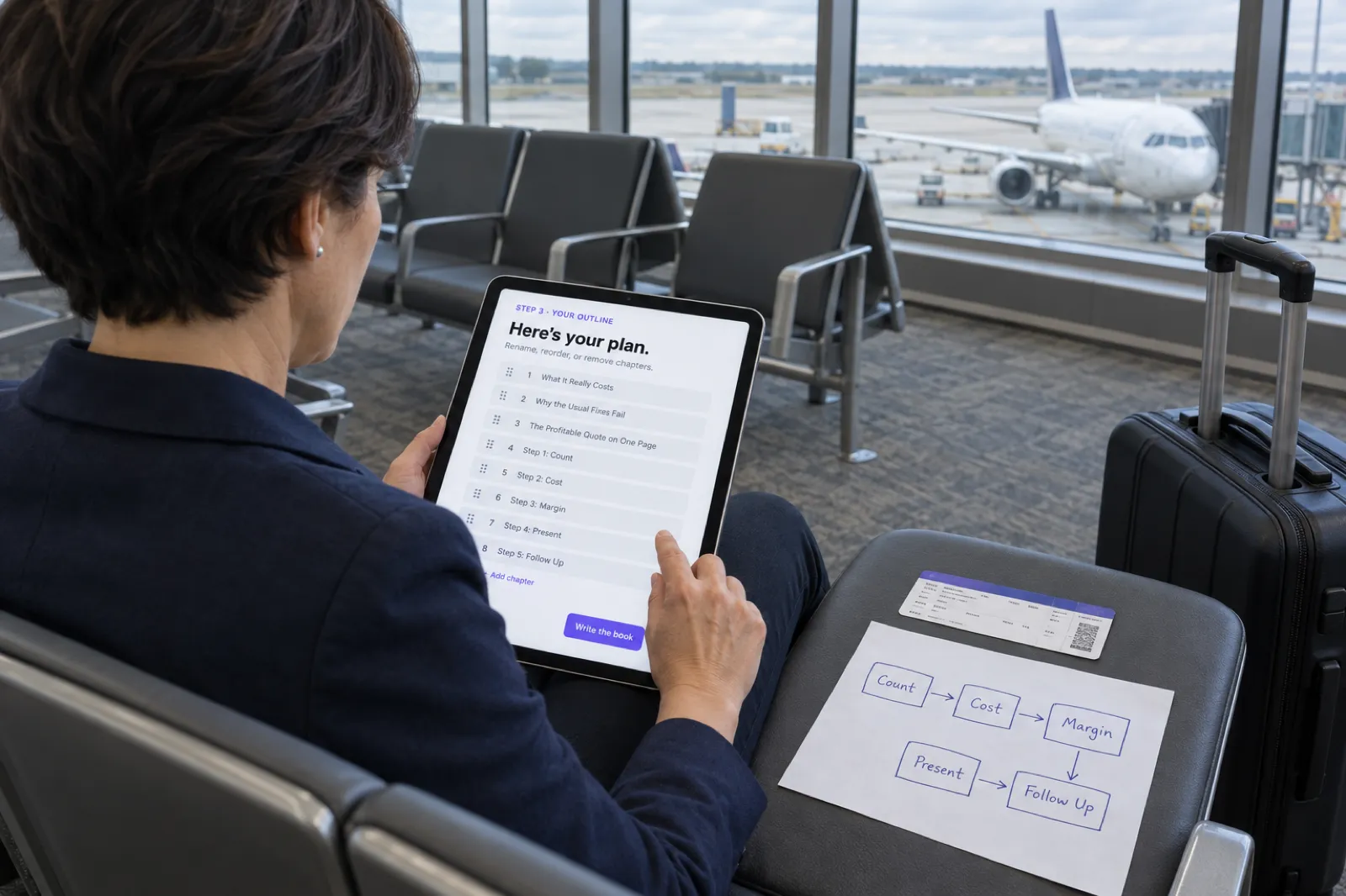 At an airport departure gate, a consultant checks the Inkfluence AI outline step, Here's your plan, on a tablet, with chapters from What It Really Costs through Step 1: Count to Step 5: Follow Up, beside a boarding pass and a hand-drawn diagram of the five steps
