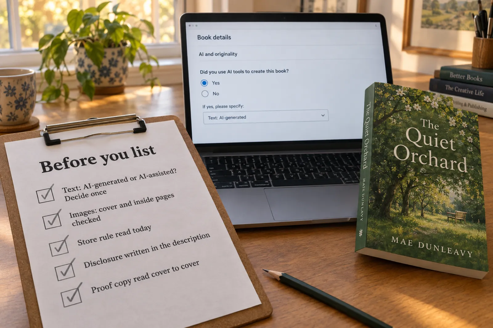 A clipboard with a printed checklist titled Before you list, five items ticked in pencil, beside a laptop showing a publishing form that asks Did you use AI tools to create this book? with Yes selected and Text: AI-generated chosen, and a paperback, The Quiet Orchard by Mae Dunleavy.