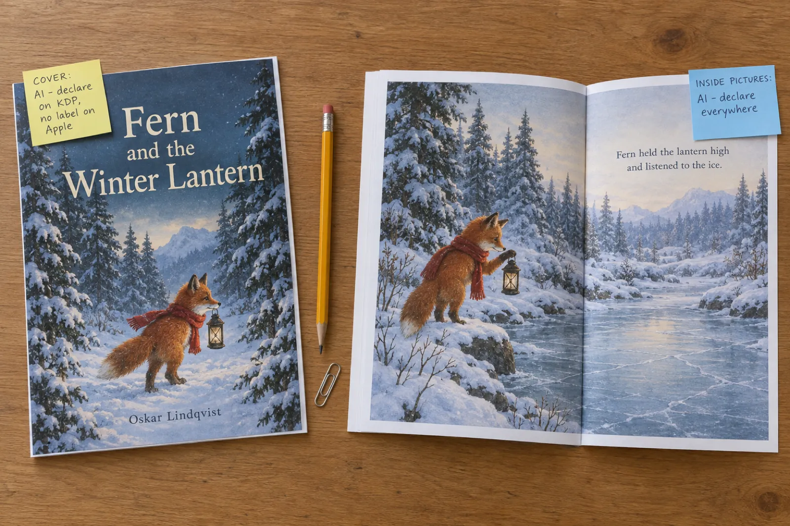 Two printed proofs of the picture book Fern and the Winter Lantern by Oskar Lindqvist side by side: the cover of a fox in a red scarf with a sticky note reading Cover: AI, declare on KDP, no label on Apple, and an open spread of the fox by a frozen stream with a note reading Inside pictures: AI, declare everywhere.