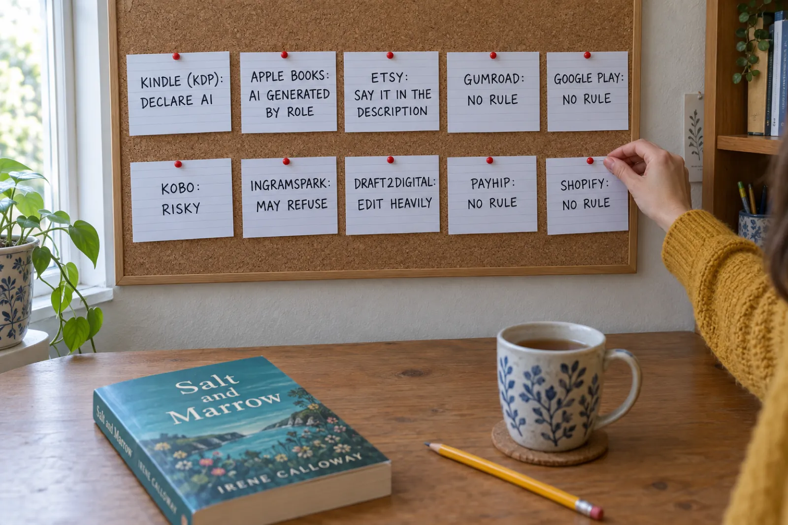 A hand in a mustard sweater pins index cards to a cork board, one per store: Kindle (KDP): declare AI; Apple Books: AI Generated by role; Etsy: say it in the description; Gumroad, Google Play, Payhip and Shopify: no rule; Kobo: risky; IngramSpark: may refuse; Draft2Digital: edit heavily. A paperback, Salt and Marrow by Irene Calloway, lies on the desk below.