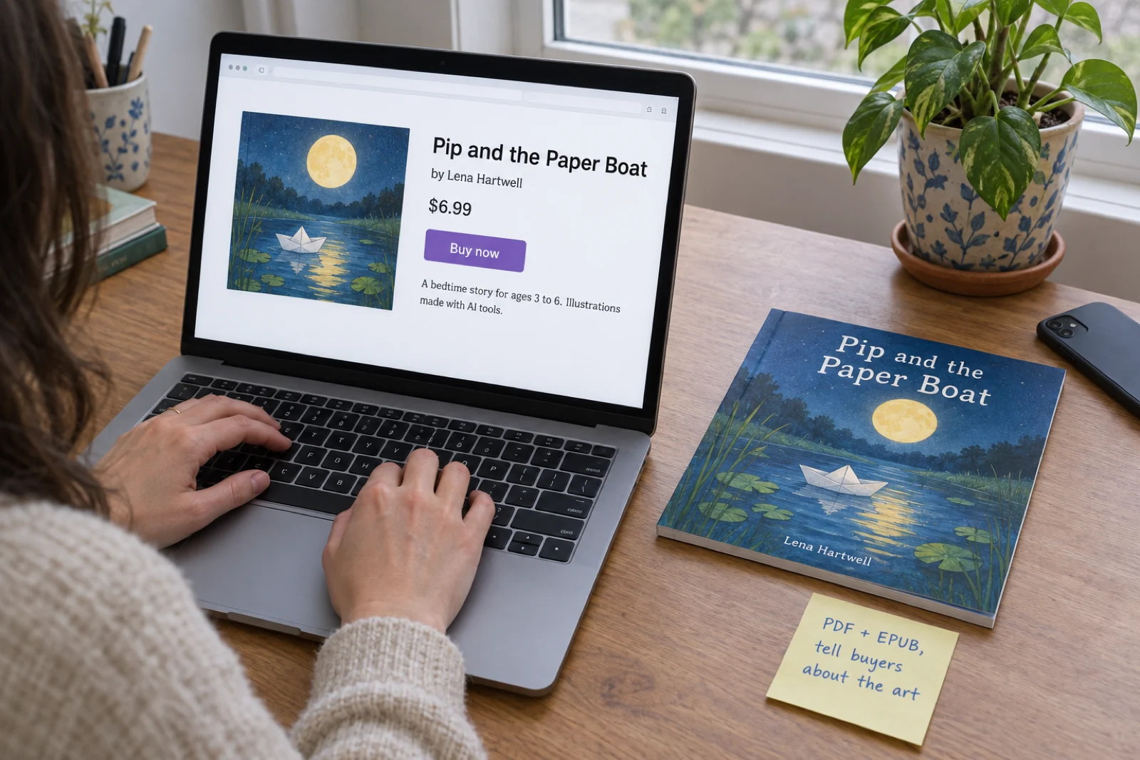 An author types at a laptop showing her own shop page for the picture book Pip and the Paper Boat by Lena Hartwell, priced $6.99, with a Buy now button and a description that reads A bedtime story for ages 3 to 6. Illustrations made with AI tools. Beside the laptop lies a printed proof of the same square book with a paper boat on a moonlit pond on its cover, and a sticky note reading PDF + EPUB, tell buyers about the art.