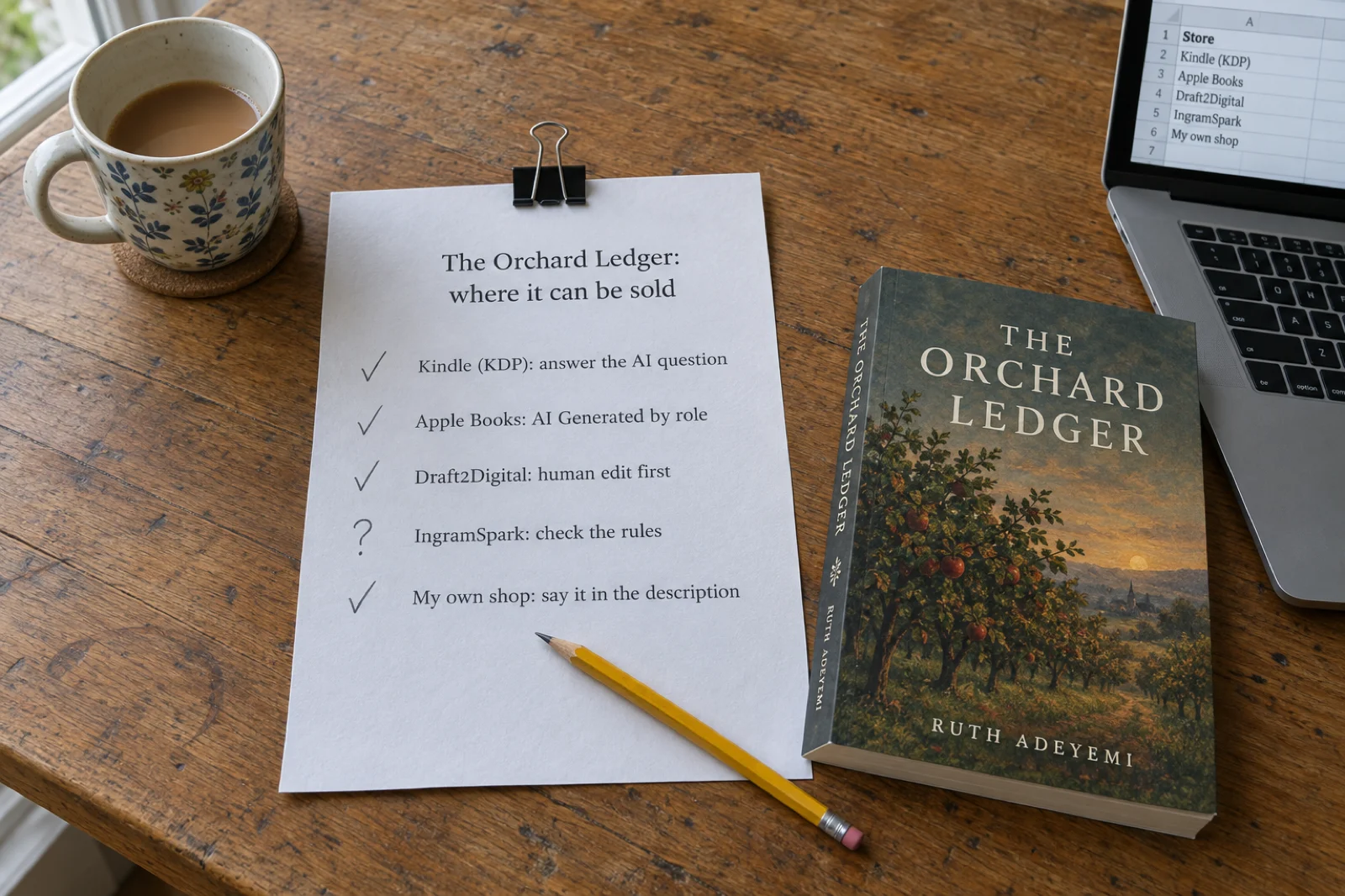 A printed sheet clipped on a wooden table, headed The Orchard Ledger: where it can be sold, with pencil ticks beside Kindle (KDP): answer the AI question, Apple Books: AI Generated by role, Draft2Digital: human edit first and My own shop: say it in the description, and a question mark beside IngramSpark: check the rules. Beside it lie the paperback The Orchard Ledger by Ruth Adeyemi, a yellow pencil, a mug of tea and a laptop showing a column of store names.