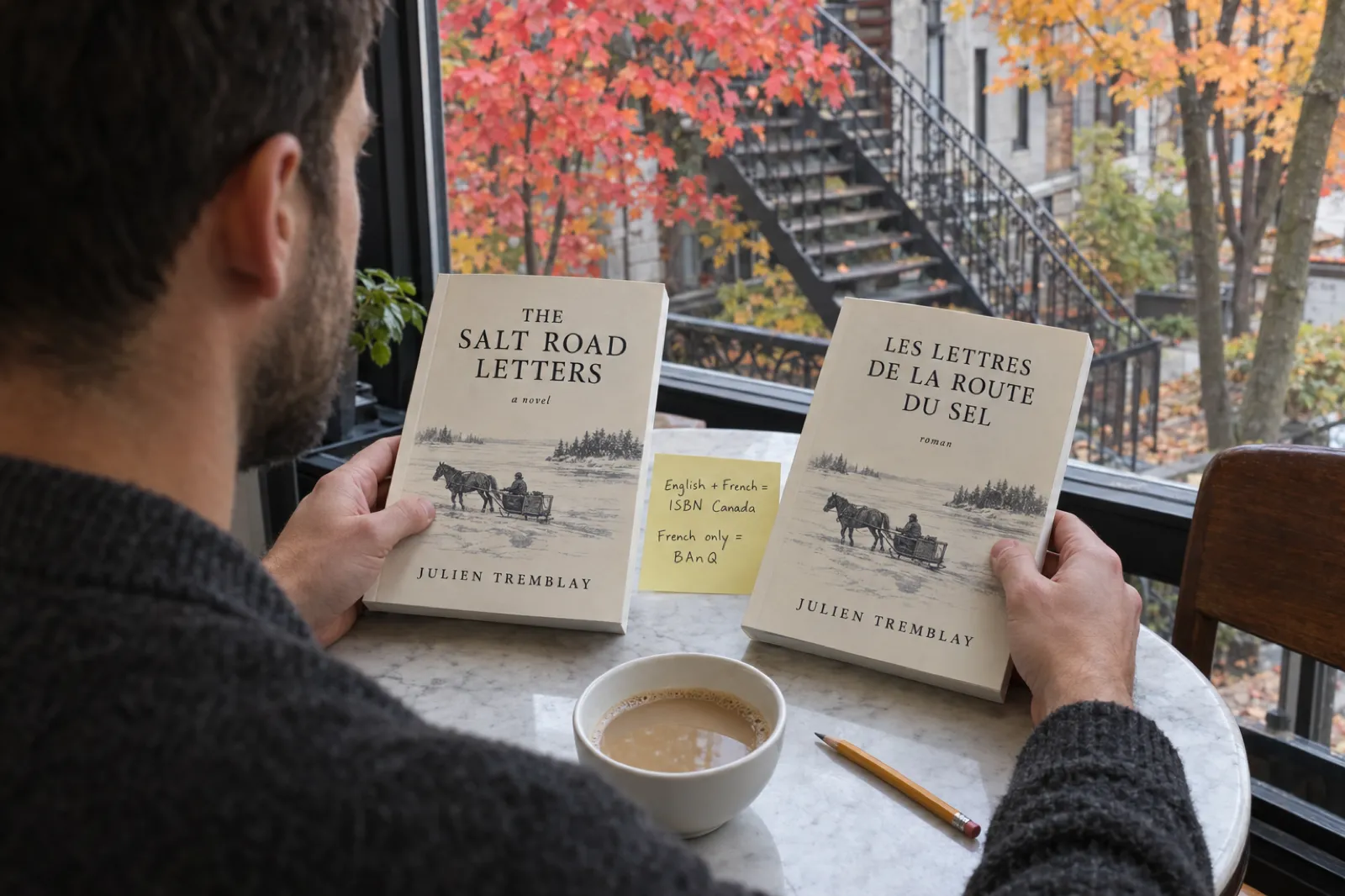 Over the shoulder of a man at a marble cafe table in Montreal holding English and French proof copies of The Salt Road Letters and Les lettres de la route du sel by Julien Tremblay, with a sticky note reading English + French = ISBN Canada, French only = BAnQ