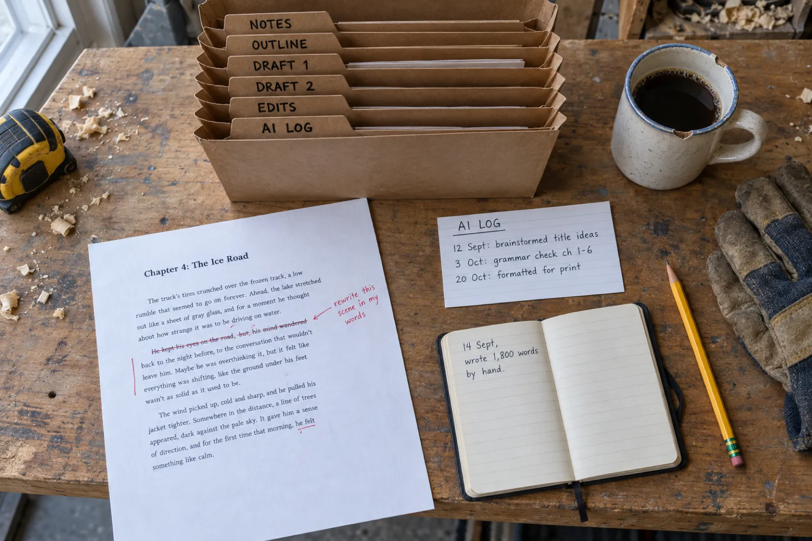 Overhead view of a garage workbench with an accordion file tabbed Notes, Outline, Draft 1, Draft 2, Edits and AI log, a marked-up manuscript page for Chapter 4: The Ice Road, an index card AI log and a notebook reading 14 Sept, wrote 1,800 words by hand