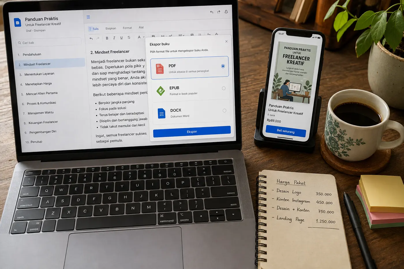 Meja kayu dengan laptop yang menampilkan aplikasi penulisan buku berbahasa Indonesia berjudul Panduan Praktis untuk Freelancer Kreatif, dengan daftar sepuluh bab dan kotak dialog Ekspor buku yang menawarkan pilihan format PDF, EPUB, dan DOCX. Di sampingnya ponsel menampilkan halaman penjualan ebook tersebut seharga Rp89.000 dengan tombol Beli sekarang, secangkir kopi, dan buku catatan berisi daftar harga paket jasa.