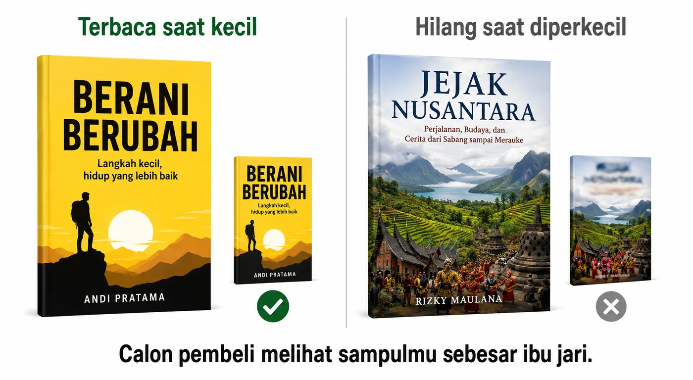 Perbandingan dua sampul buku. Kiri, terbaca saat kecil: sampul kuning berjudul Berani Berubah dengan huruf tebal besar, masih terbaca jelas saat diperkecil seukuran ibu jari. Kanan, hilang saat diperkecil: sampul foto pemandangan berjudul Jejak Nusantara dengan subjudul panjang, yang berubah menjadi bercak tidak terbaca saat diperkecil.