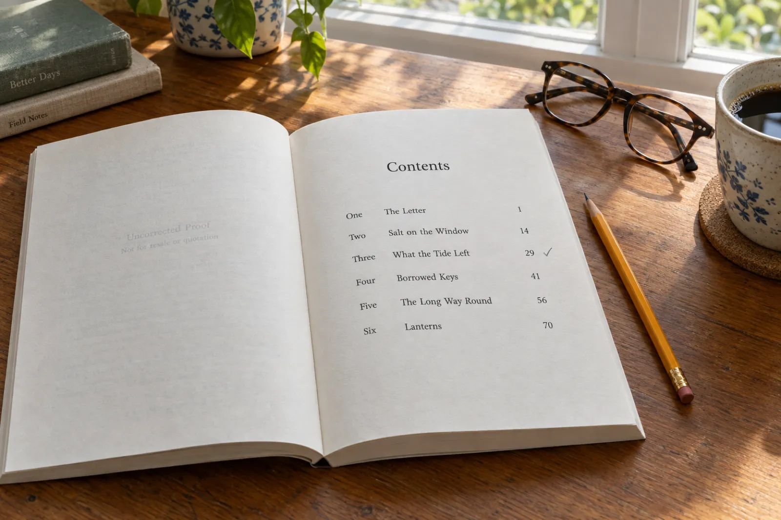 A paperback proof open on a sunny wooden desk to a typeset Contents page listing One, The Letter; Two, Salt on the Window; Three, What the Tide Left; Four, Borrowed Keys; Five, The Long Way Round; Six, Lanterns, each with a page number, beside a pencil, reading glasses and a cup of coffee.
