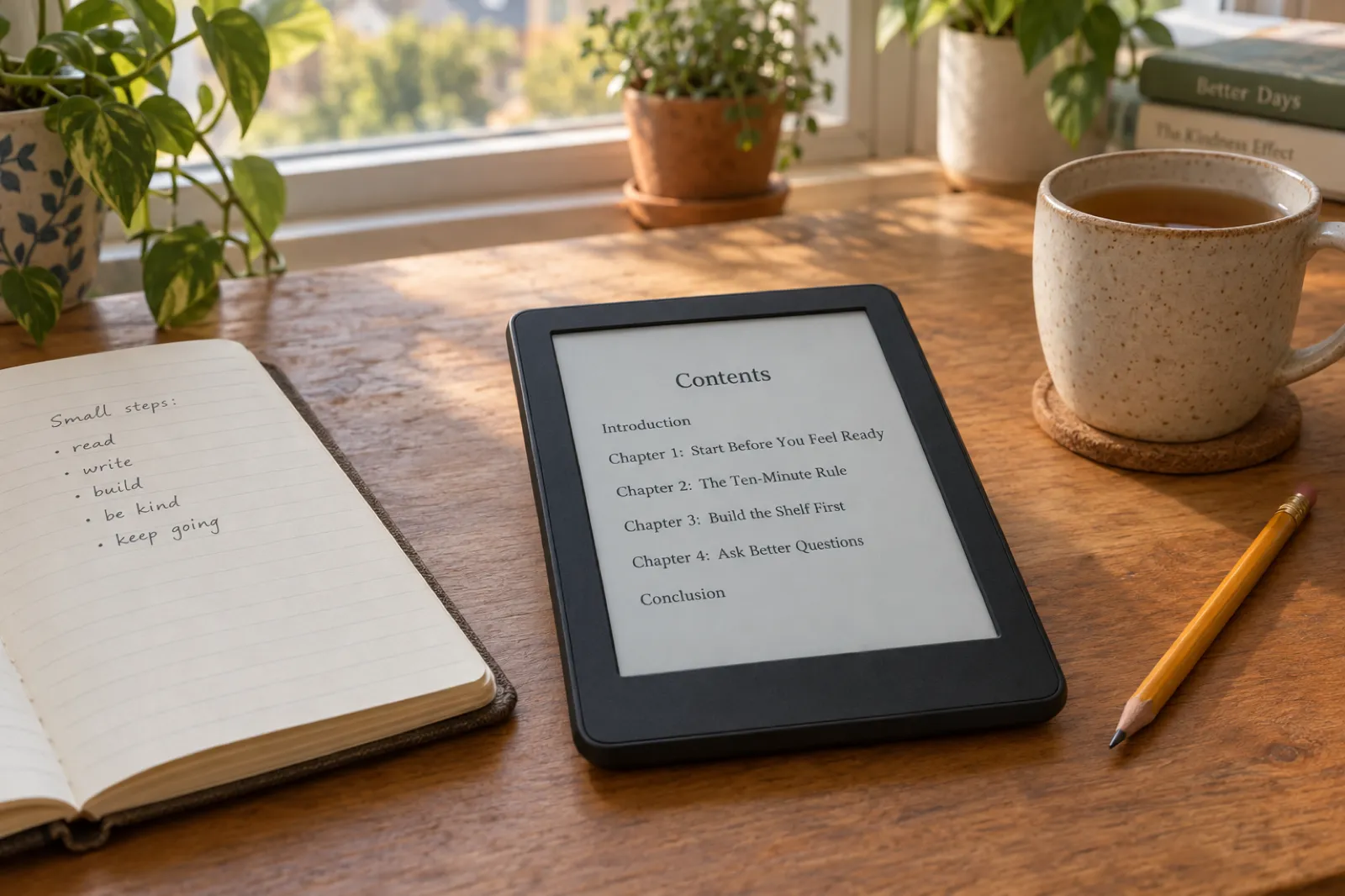 An e-reader on a wooden desk showing a Contents list: Introduction; Chapter 1: Start Before You Feel Ready; Chapter 2: The Ten-Minute Rule; Chapter 3: Build the Shelf First; Chapter 4: Ask Better Questions; Conclusion. A notebook, a mug of tea and a pencil sit beside it.
