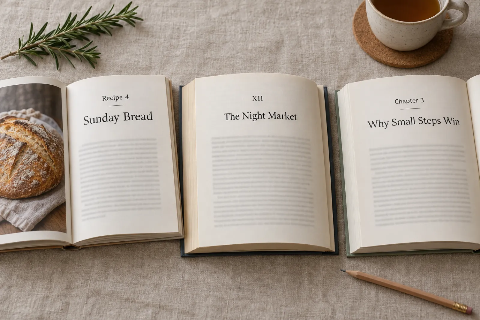 Three open books on a linen tablecloth showing chapter openings in different styles: a cookbook headed Recipe 4, Sunday Bread, next to a photo of a loaf; a novel headed XII, The Night Market; and a self-help book headed Chapter 3, Why Small Steps Win.