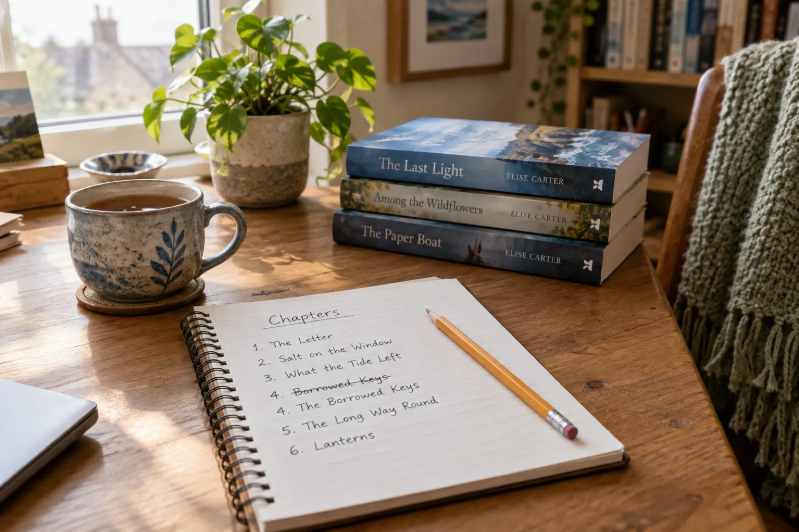 An open spiral notebook on a wooden desk with a handwritten list headed Chapters: The Letter, Salt on the Window, What the Tide Left, Borrowed Keys crossed out and rewritten as The Borrowed Keys, The Long Way Round, and Lanterns, beside a mug of tea, a pencil and three paperbacks.