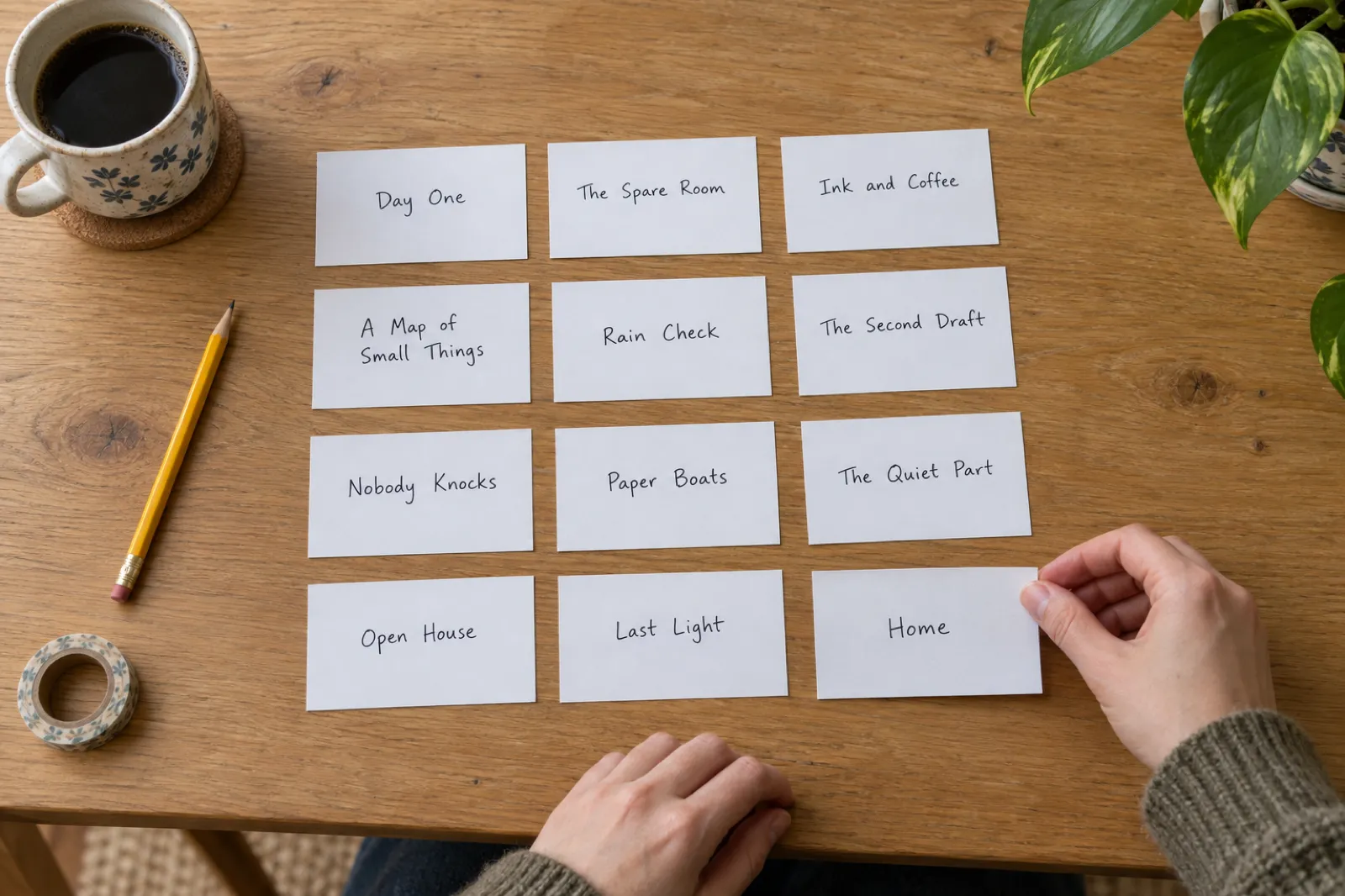 Twelve white index cards laid out in rows on an oak table, each with a handwritten chapter title such as Day One, The Spare Room, A Map of Small Things, Paper Boats, The Quiet Part and Home, while a writer slides the last card into place.
