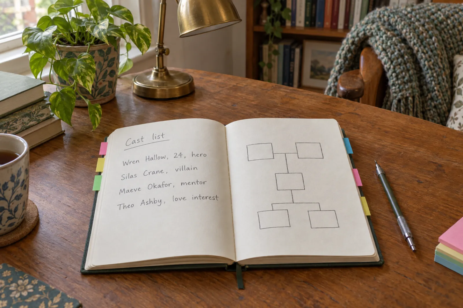 An open notebook on a wooden desk with a handwritten cast list: Wren Hallow, 24, hero; Silas Crane, villain; Maeve Okafor, mentor; Theo Ashby, love interest; on the facing page a hand-drawn family tree of empty boxes, with coloured page tabs and a brass desk lamp