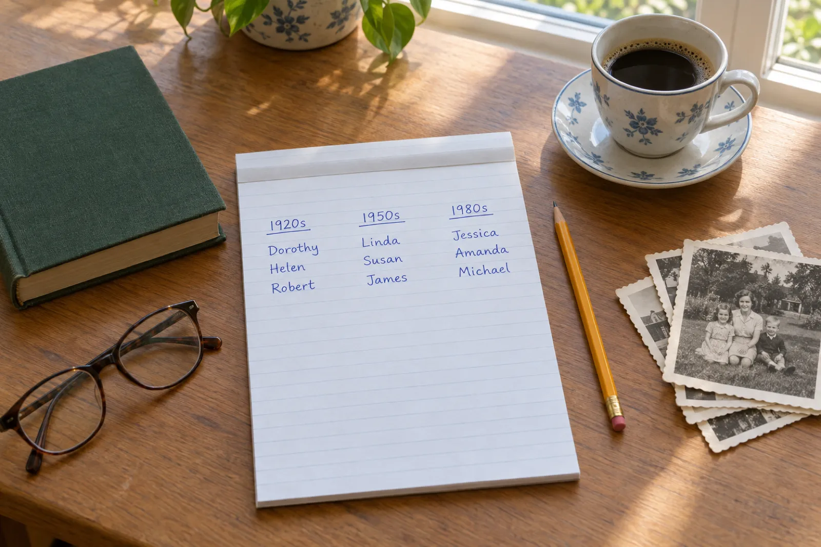A notepad on a sunny desk with three handwritten columns headed 1920s, 1950s and 1980s listing Dorothy, Helen and Robert; Linda, Susan and James; Jessica, Amanda and Michael, beside reading glasses, a pencil and old black-and-white family photographs