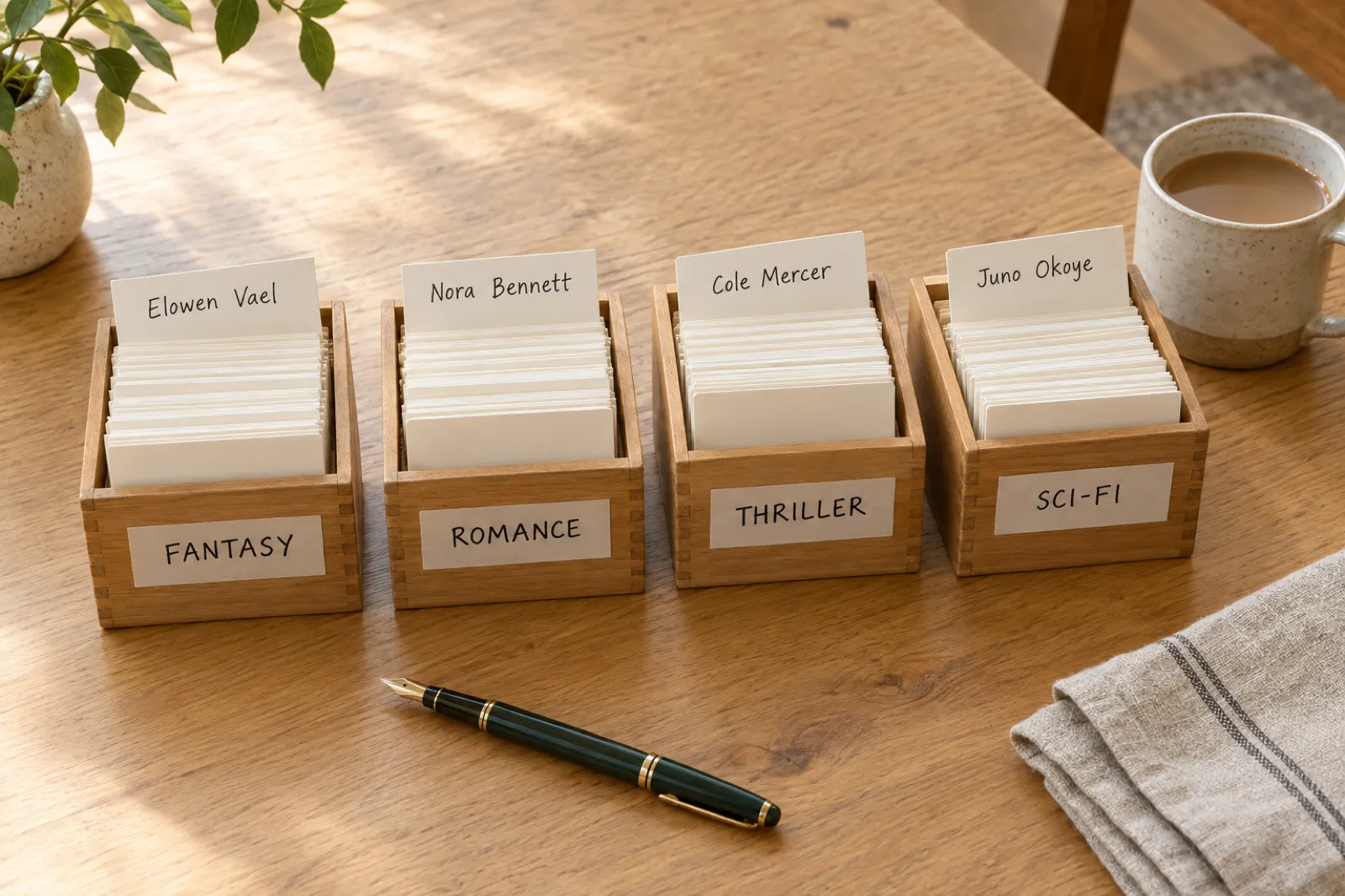 Four wooden index-card boxes on a kitchen table labelled Fantasy, Romance, Thriller and Sci-fi, with one card raised in each reading Elowen Vael, Nora Bennett, Cole Mercer and Juno Okoye