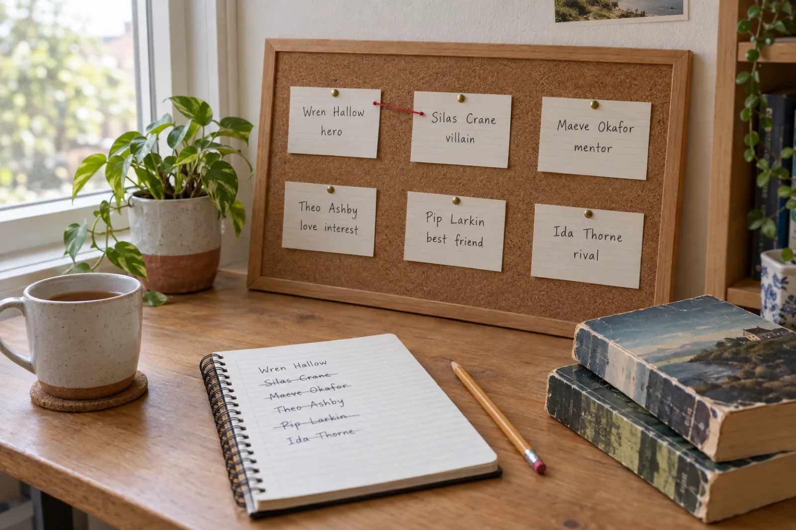 A cork board on a writer's desk with six handwritten index cards: Wren Hallow, hero; Silas Crane, villain; Maeve Okafor, mentor; Theo Ashby, love interest; Pip Larkin, best friend; Ida Thorne, rival; a red thread joins the hero and the villain, with a notebook of crossed-out names in front