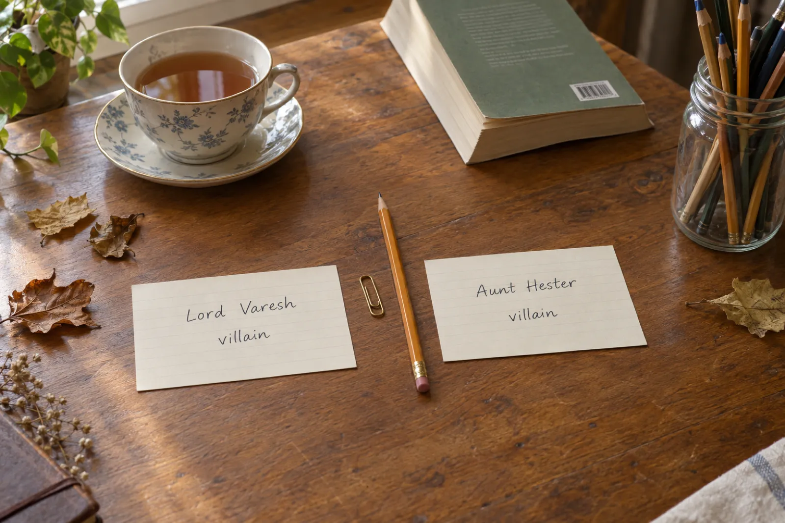 Two handwritten index cards on a wooden desk beside a cup of tea and dried leaves: the left card reads Lord Varesh, villain, and the right card reads Aunt Hester, villain