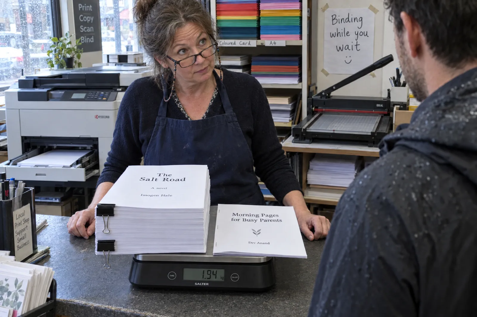 At a print shop counter, a worker in a navy apron weighs a 400-page manuscript titled The Salt Road by Imogen Hale at 1.94 kg next to a slim booklet called Morning Pages for Busy Parents
