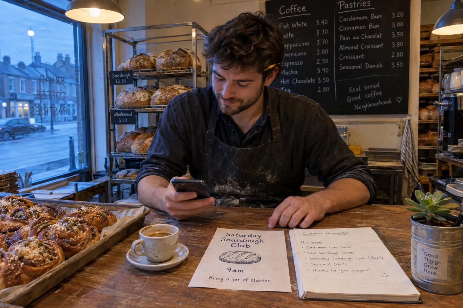 A bakery owner in a flour-dusted apron types the weekly customer newsletter on his phone before opening, next to a flyer for the Saturday Sourdough Club