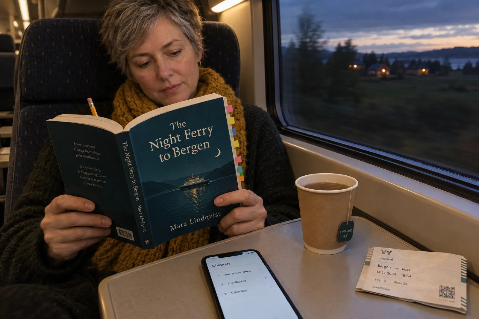 A woman on an evening train reads a tabbed proof copy of her novel The Night Ferry to Bergen by Mara Lindqvist, her phone on the table showing a chapter list