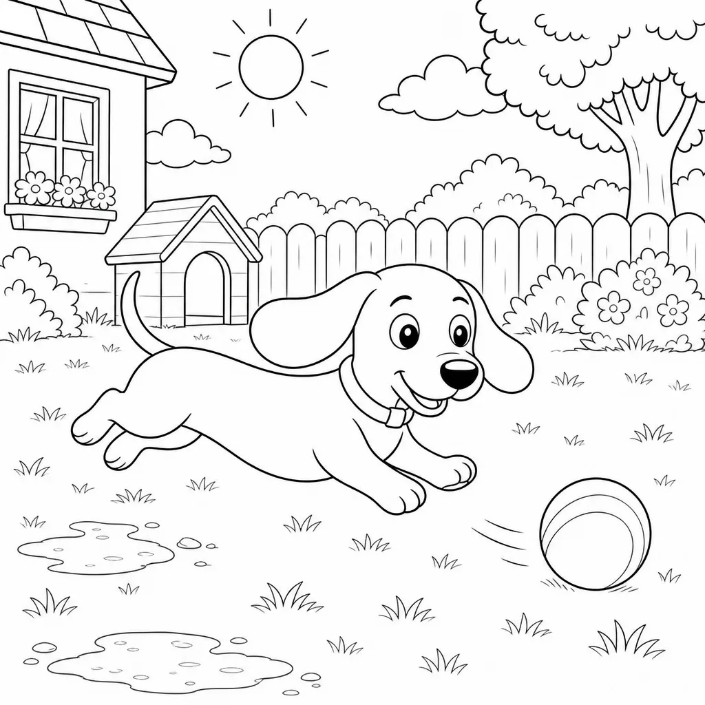 A bold-outline coloring page of the same dachshund chasing a ball across a yard.