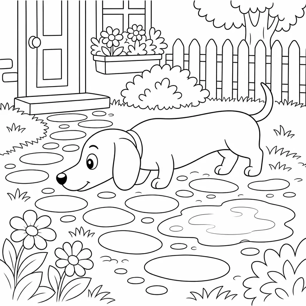 A bold-outline coloring page of Toto the dachshund in his red collar sniffing along a garden path, large open regions and no shading.