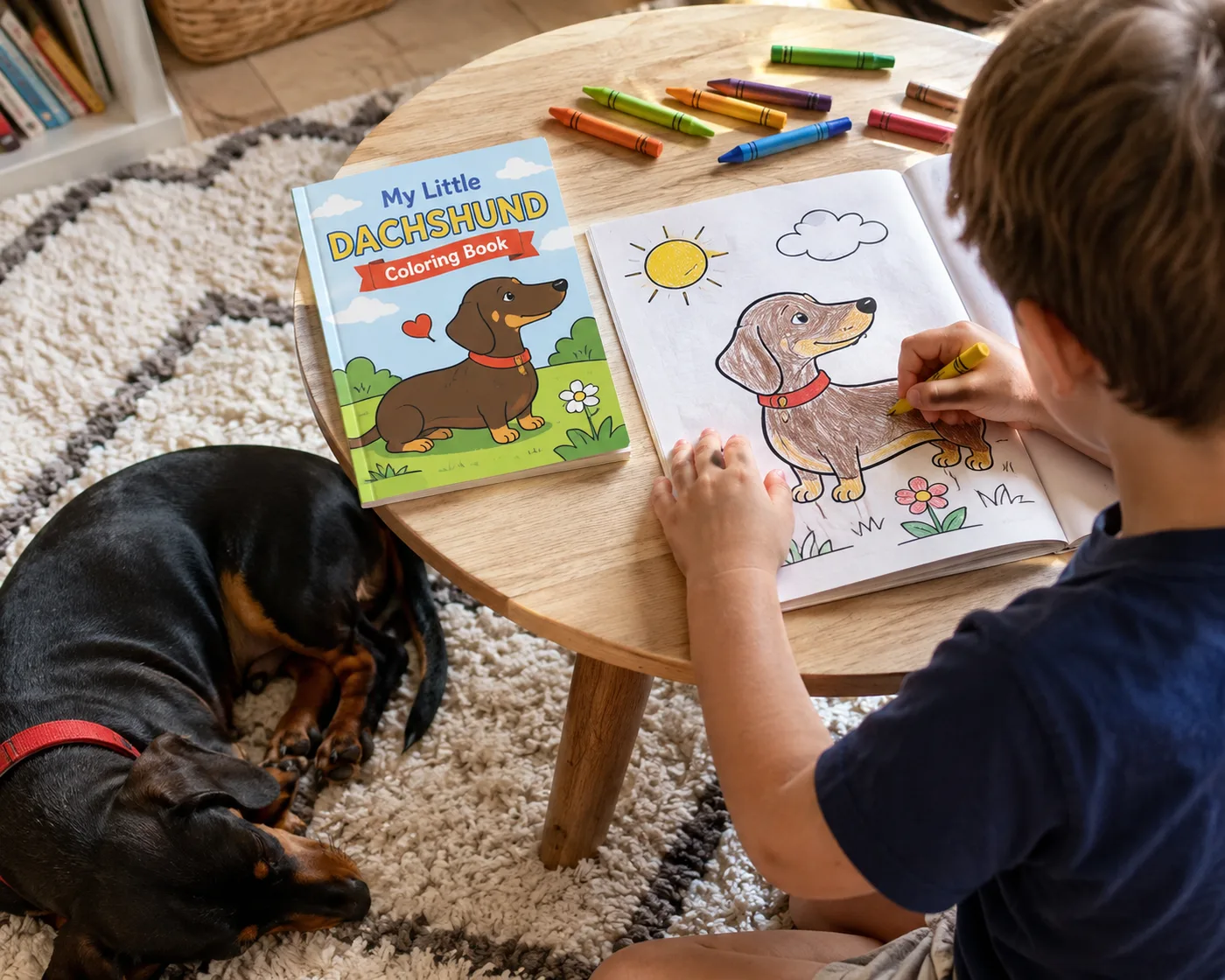 A child colouring a bold-lined dachshund page at a low table with crayons while a real dachshund in a red collar sleeps on the rug beside them, the book's cover with the same dachshund on the table.