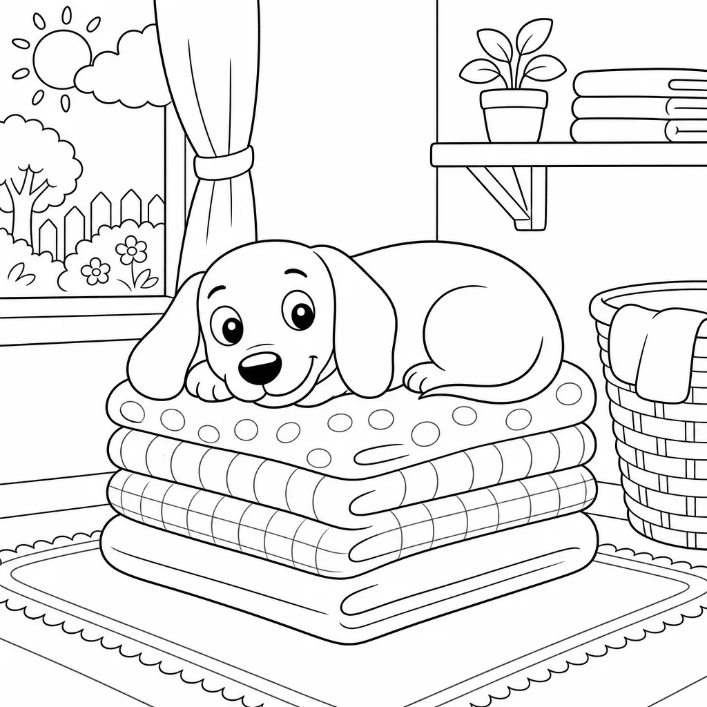 A bold-outline coloring page of the same dachshund asleep on a pile of folded laundry.