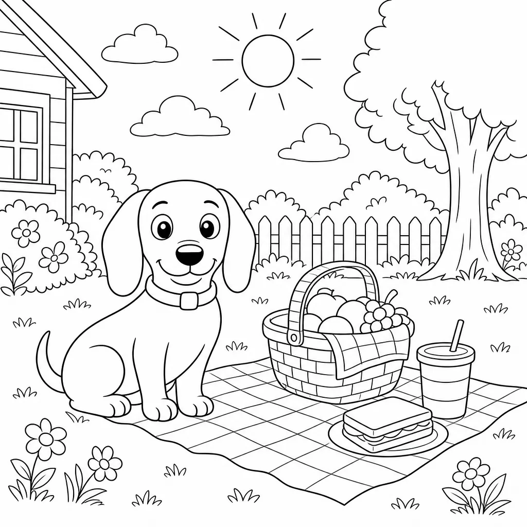 A bold-outline coloring page of the same dachshund at a picnic blanket in the grass with a basket.