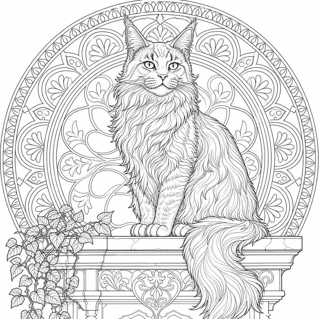 An intricate coloring page of a Maine Coon cat poised on a perch, fine fur line work and a detailed background, for adult colorists, breed named in the caption.