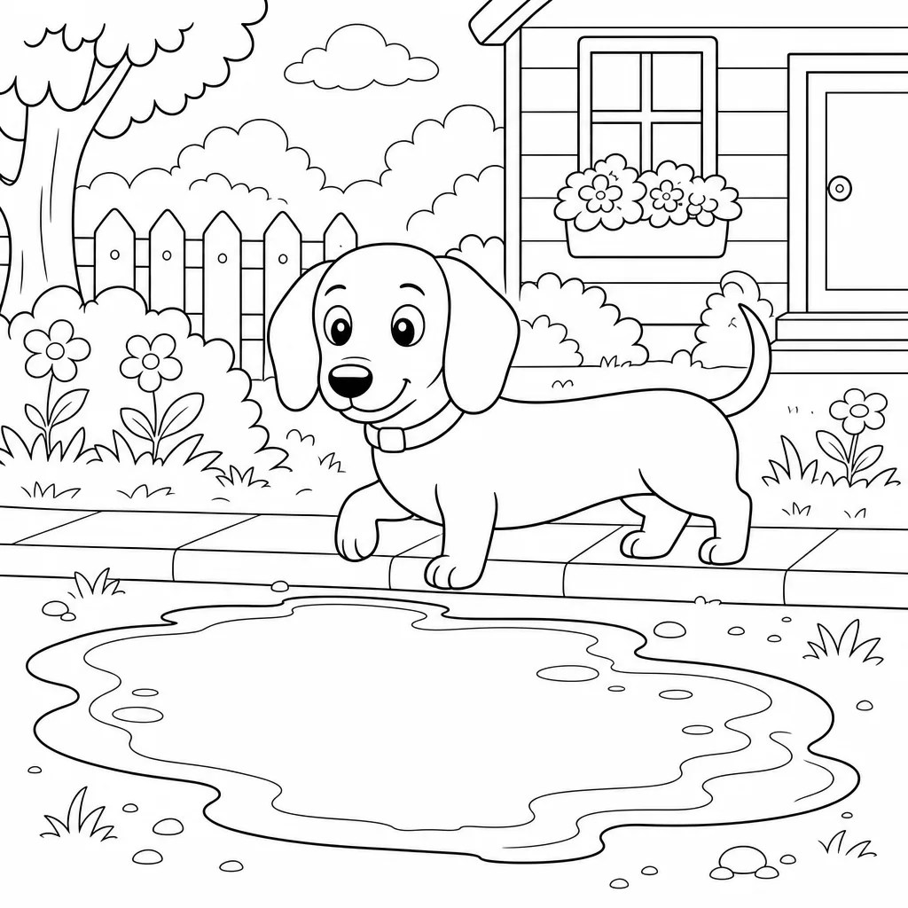 A bold-outline coloring page of the same dachshund paused at a little puddle, ready to jump.
