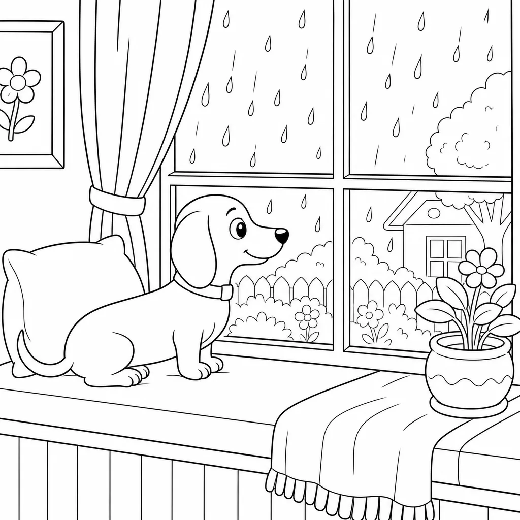 A bold-outline coloring page of the same dachshund watching raindrops from a window seat.